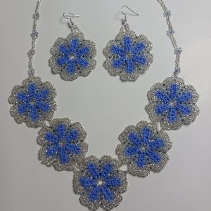 Mexican handmade beaded jewerly Necklace and earrings blue